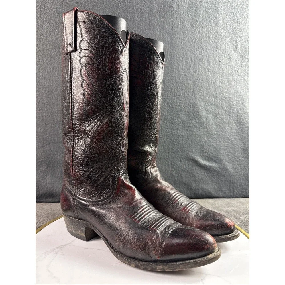 Vintage Dan Post Burgundy Red Black Leather Cowboy Boots 7M Women Western Rodeo